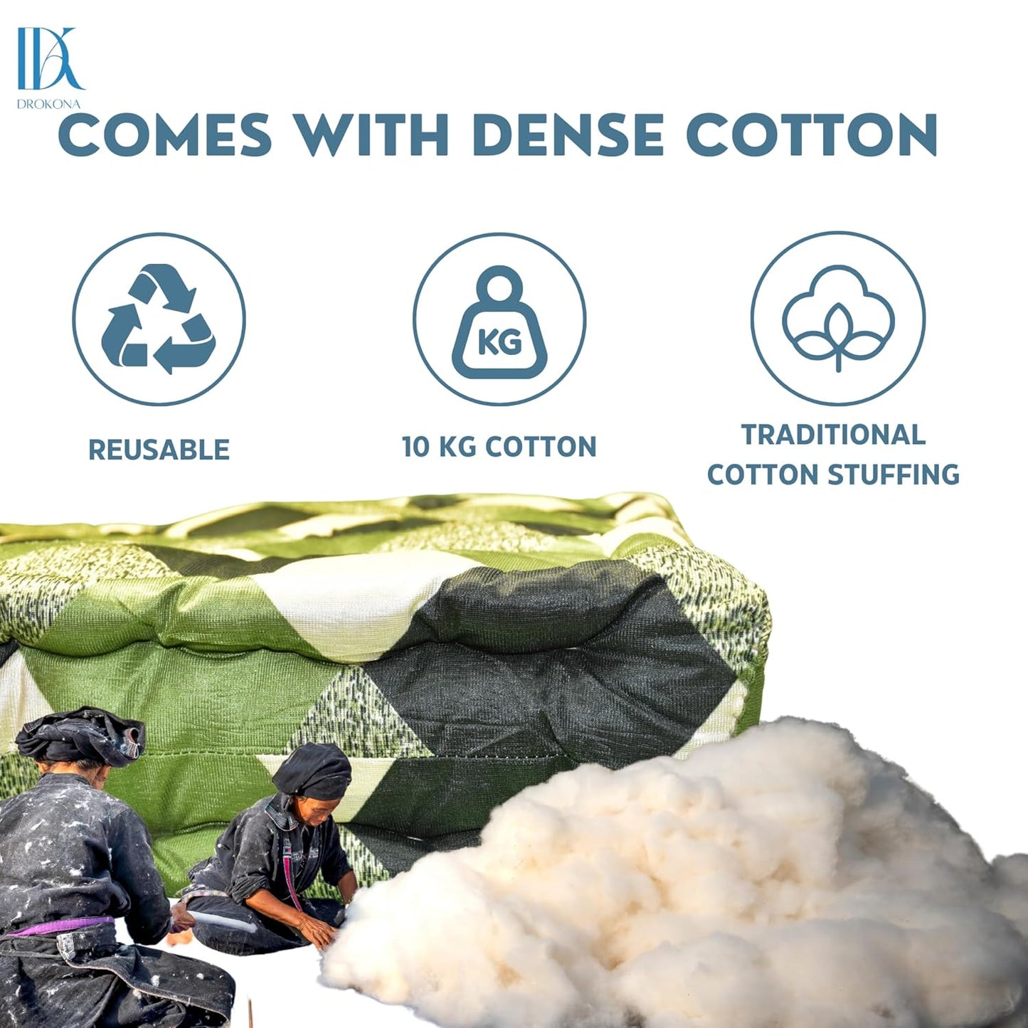 Drokona CloudRest Emerald Dream Soft Cotton Filled Quilt Mattress Gadda Soft & Reversible, Pure Cotton Fabric, Firm Gadda for Floor & Bed (Emerald)