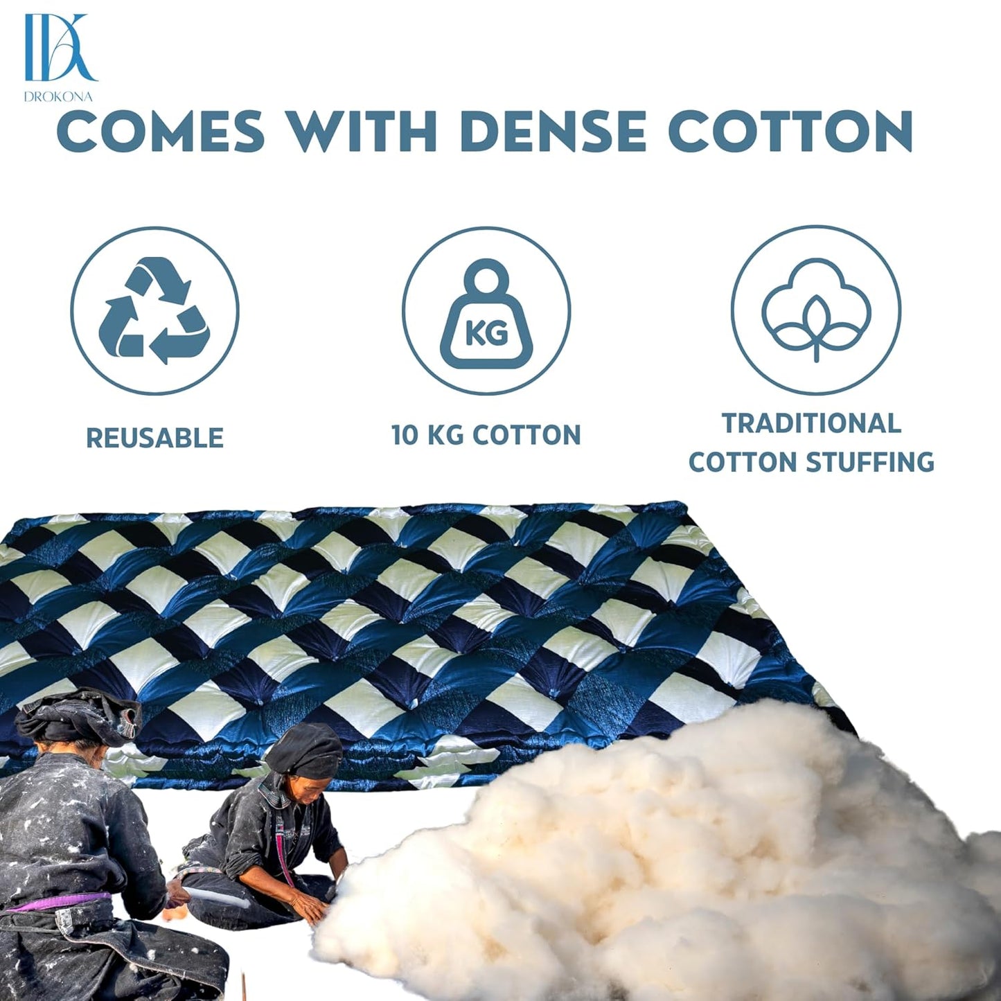 Drokona CloudRest Sapphire Dream Soft Cotton Filled Quilt Mattress Gadda Soft & Reversible, Pure Cotton Fabric, Firm Gadda for Floor & Bed (Sapphire)