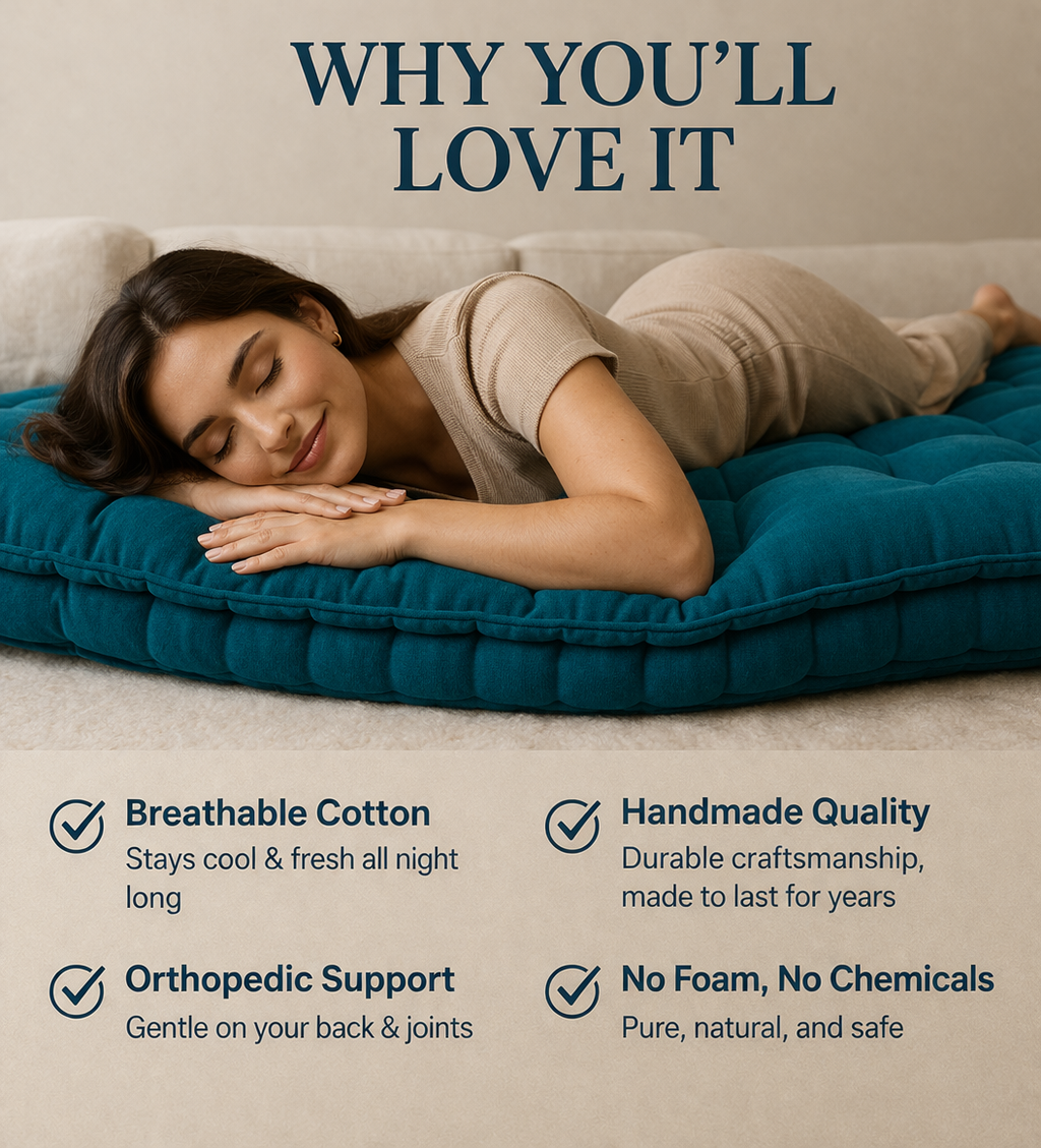 Drokona Khadi Essential Cotton Filled Mattress Gadda | Soft & Reversible | Pure Cotton Fabric | Firm Floor & Bed Gadda | Single, Double & King Size | All Season Breathable