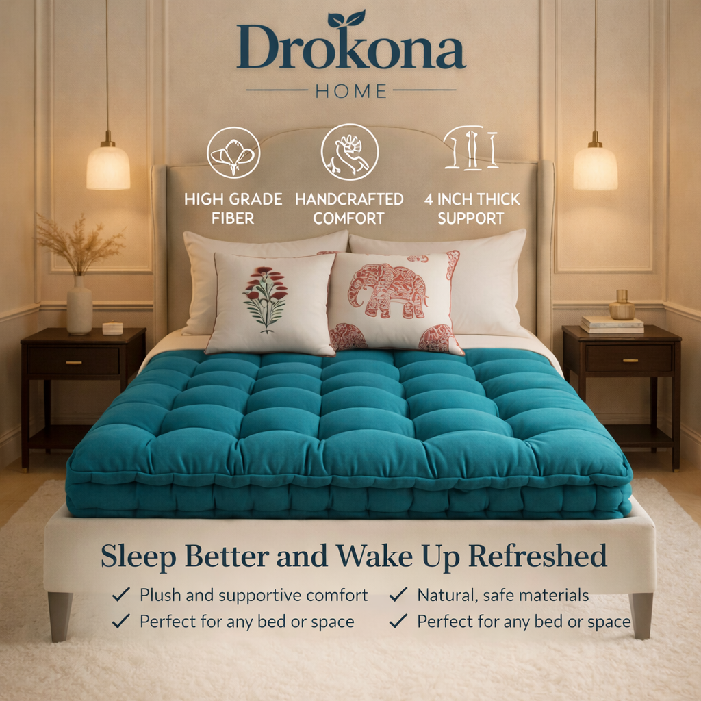Drokona Khadi Essential Cotton Filled Mattress Gadda | Soft & Reversible | Pure Cotton Fabric | Firm Floor & Bed Gadda | Single, Double & King Size | All Season Breathable