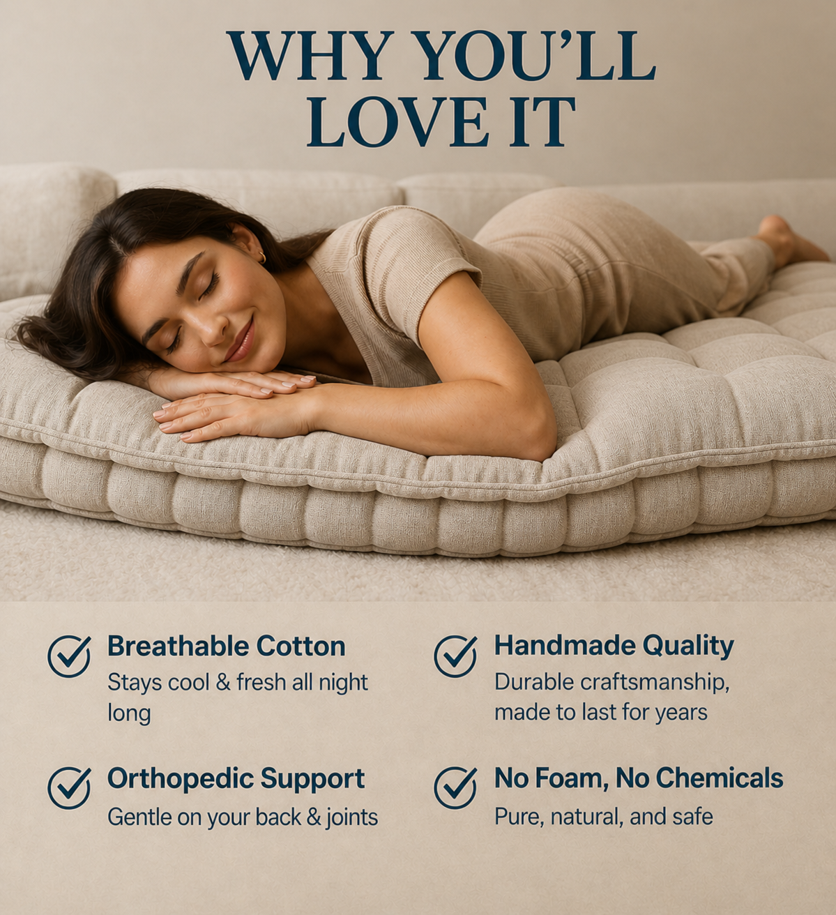 Naturel Undyed Fabric Cotton Mattress 5 Inch | 100% Cotton in & Out | Zero Chemical | Single Double King | Breathable Orthopedic Gadda |Made to Order