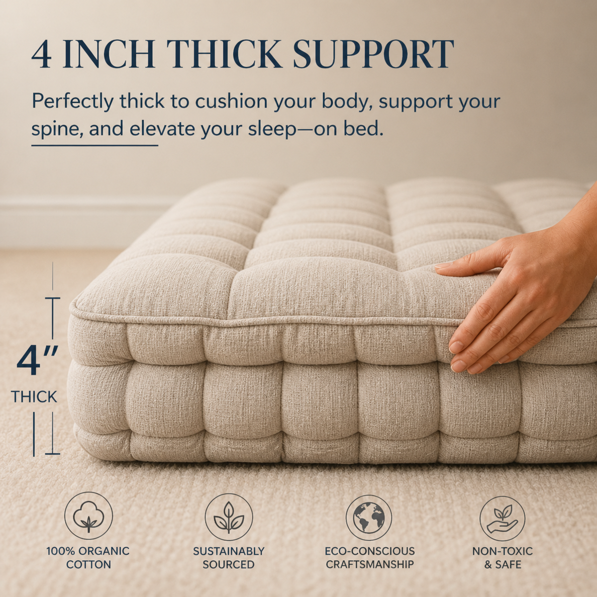 Naturel Undyed Fabric Cotton Mattress 5 Inch | 100% Cotton in & Out | Zero Chemical | Single Double King | Breathable Orthopedic Gadda |Made to Order